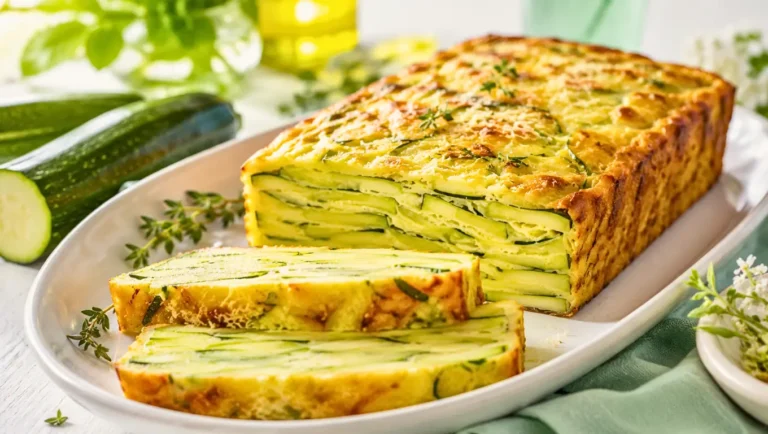 Gâteau invisible salé aux courgettes, fondant et finement tranché.
