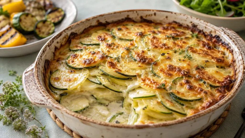 Gratin dauphinois aux courgettes, doré, fondant et crémeux.