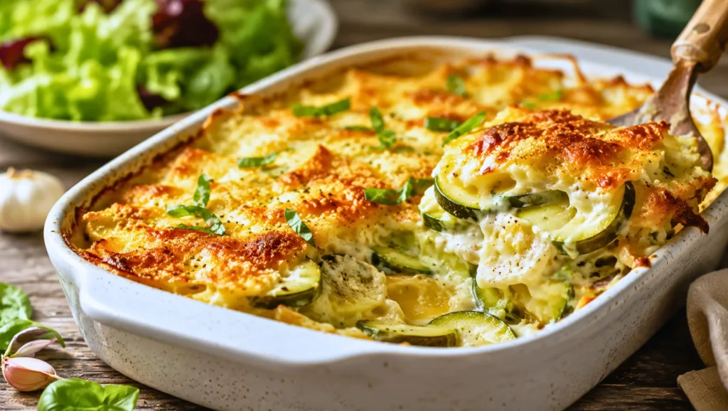 Gratin de ravioles aux courgettes, doré, crémeux et gratiné au fromage.