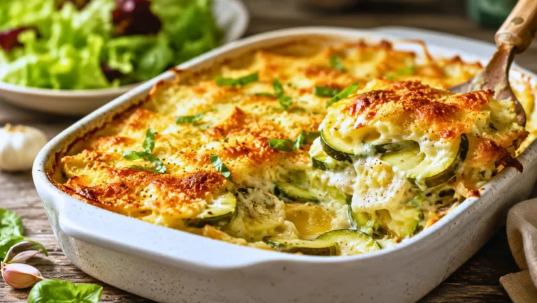 Gratin de ravioles aux courgettes, doré, crémeux et gratiné au fromage.