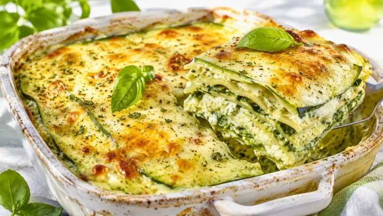 Lasagne d’été aux courgettes, basilic, épinards et fromage fondant.