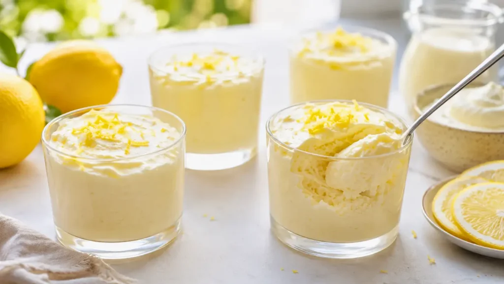 Mousse au citron en verrines, légère et aérienne, servie bien fraîche avec quelques zestes de citron.