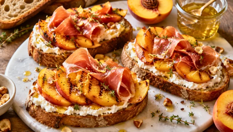 Tartines de pêche grillée, ricotta et jambon cru sur pain au levain.