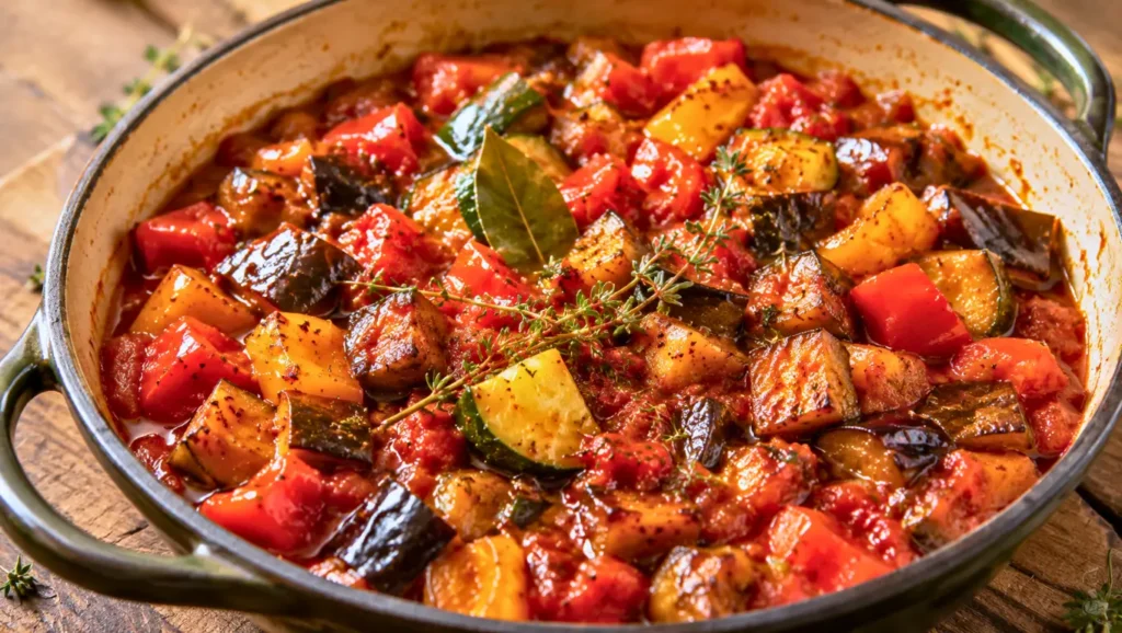 Ratatouille niçoise confite avec aubergines, courgettes, poivrons et tomates, parfumée au thym et au laurier.