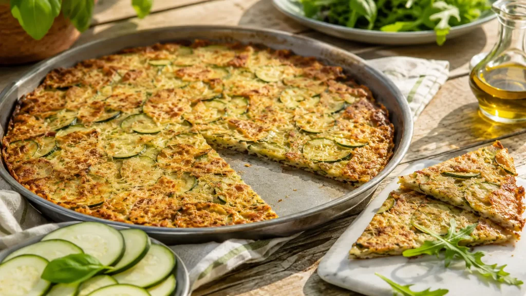 Scarpaccia aux courgettes, fine, dorée et croustillante, servie en parts.