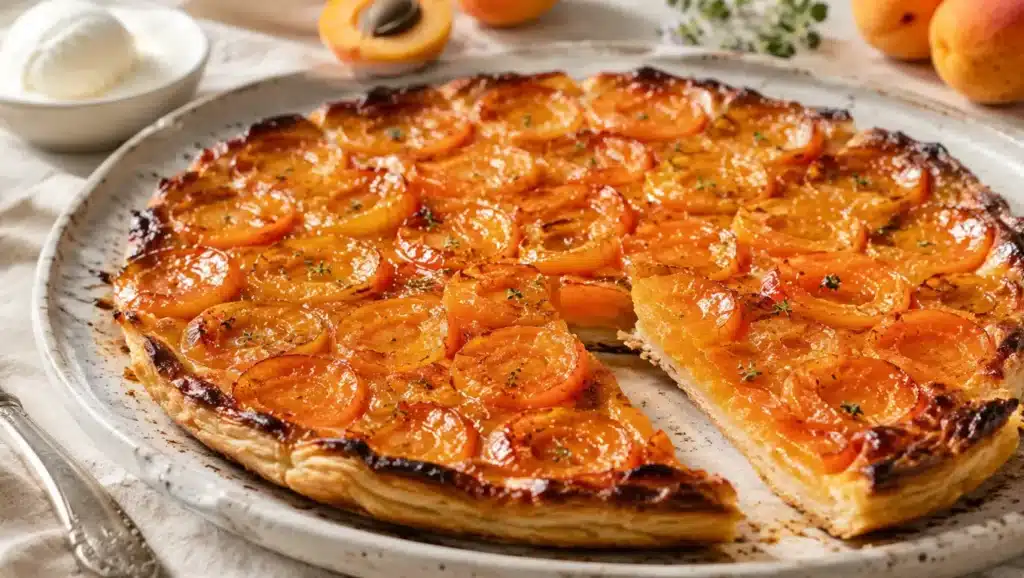 Tarte fine aux abricots dorés, avec pâte feuilletée croustillante et part découpée, servie sur un grand plat.