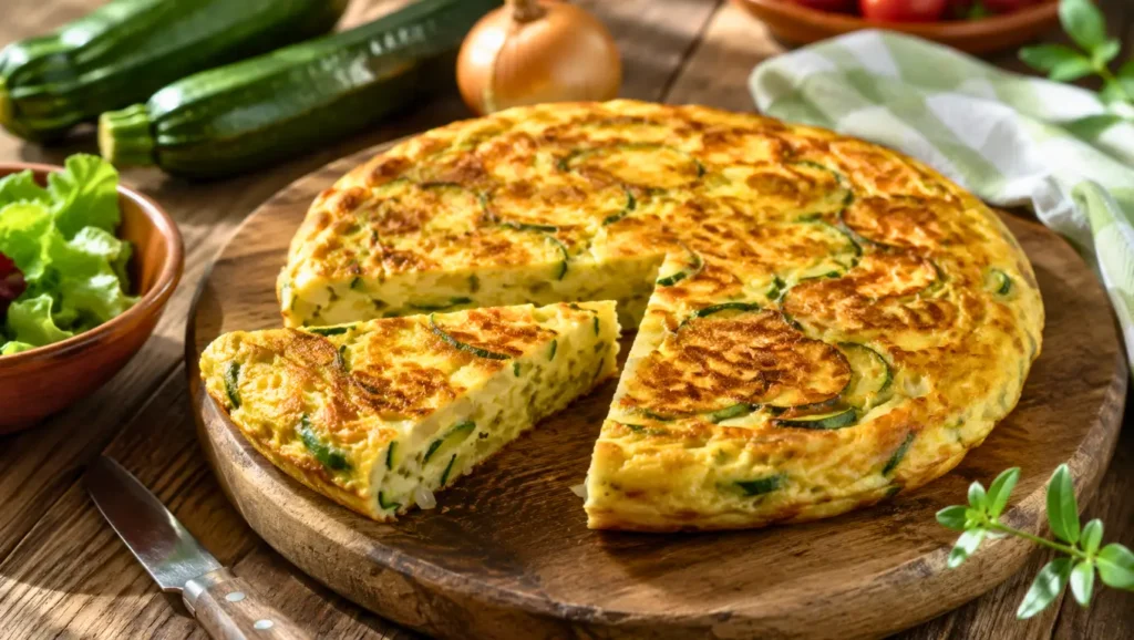 Tortilla de courgettes dorée, coupée en parts, servie sur une planche rustique.