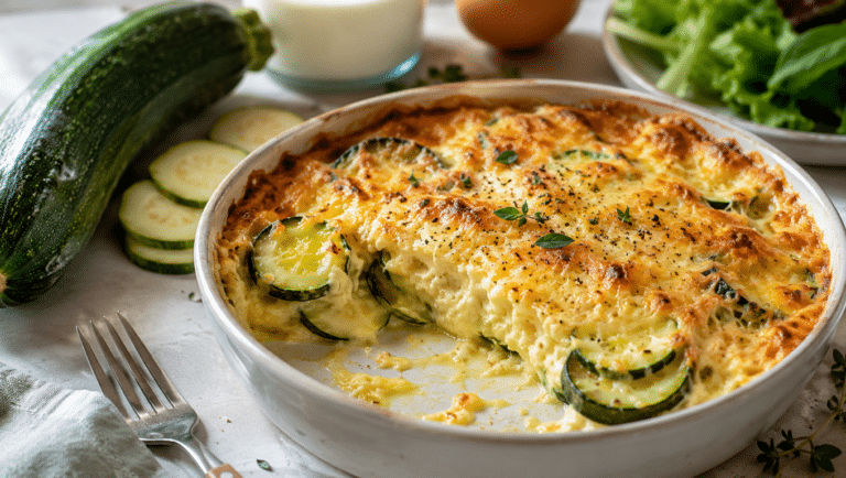Flan-gratin de courgettes fondant et doré au fromage, servi dans un plat en céramique claire.