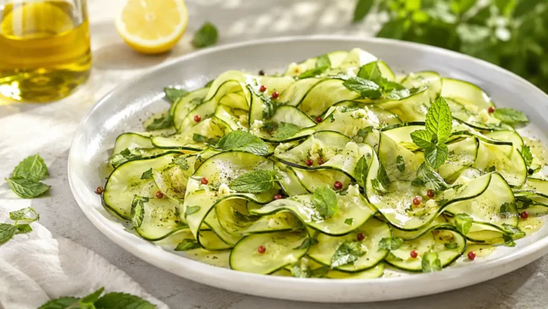 Carpaccio de courgettes crues marinées au citron, à l’huile d’olive et à la menthe, servi dans une grande assiette.