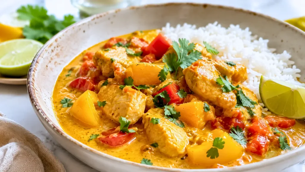 Curry de poulet au lait de coco avec tomates, poivrons jaunes et riz blanc servi dans une grande assiette creuse.