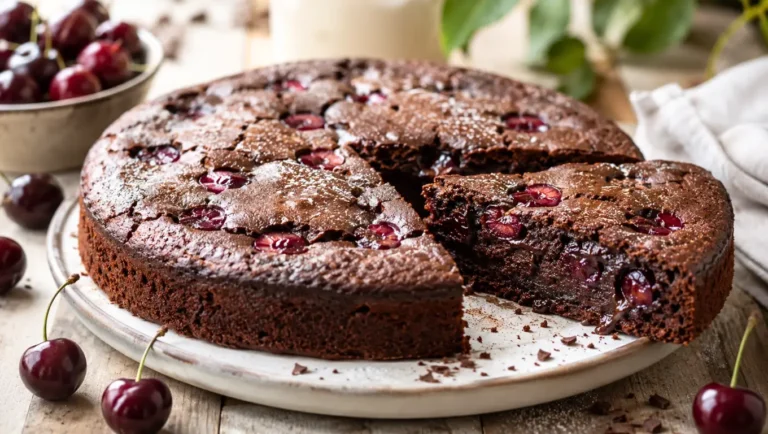Gâteau fondant au chocolat et aux cerises, présenté entier avec une part découpée, sur une table en bois.