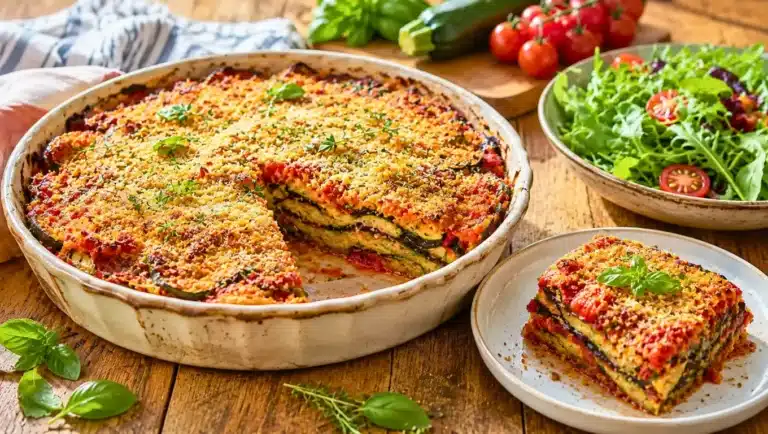 Gratin d’été aux courgettes et aubergines doré au parmesan, servi dans un plat familial avec une part découpée.