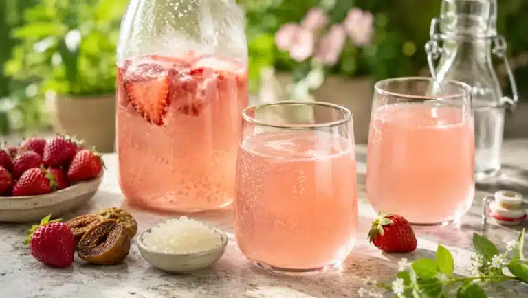 Kéfir de fruits à la fraise servi dans une bouteille et deux verres, avec une boisson rose légèrement pétillante.