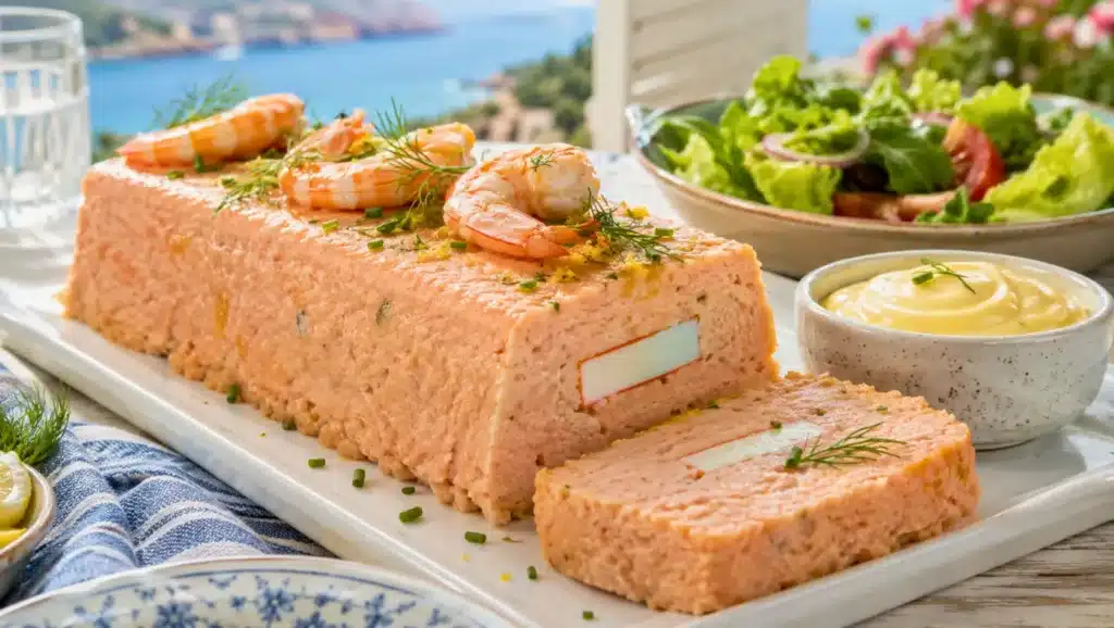 Pain de poisson de grand-mère au thon et crabe, décoré de crevettes et servi avec une mayonnaise maison.