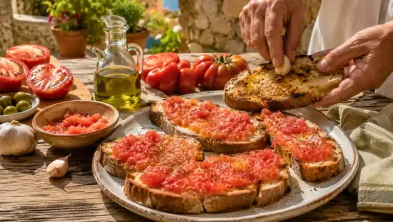 Pain grillé à la tomate, ail et huile d’olive servi en terrasse.