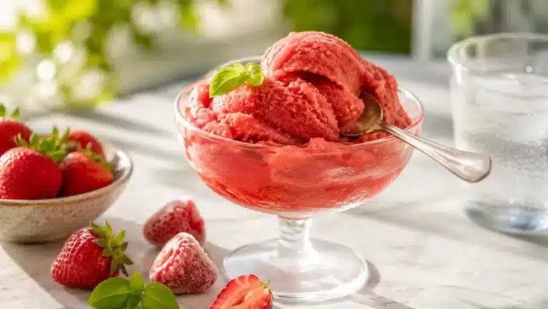 Sorbet minute aux fraises servi dans une coupe en verre, avec fraises fraîches et texture glacée onctueuse.