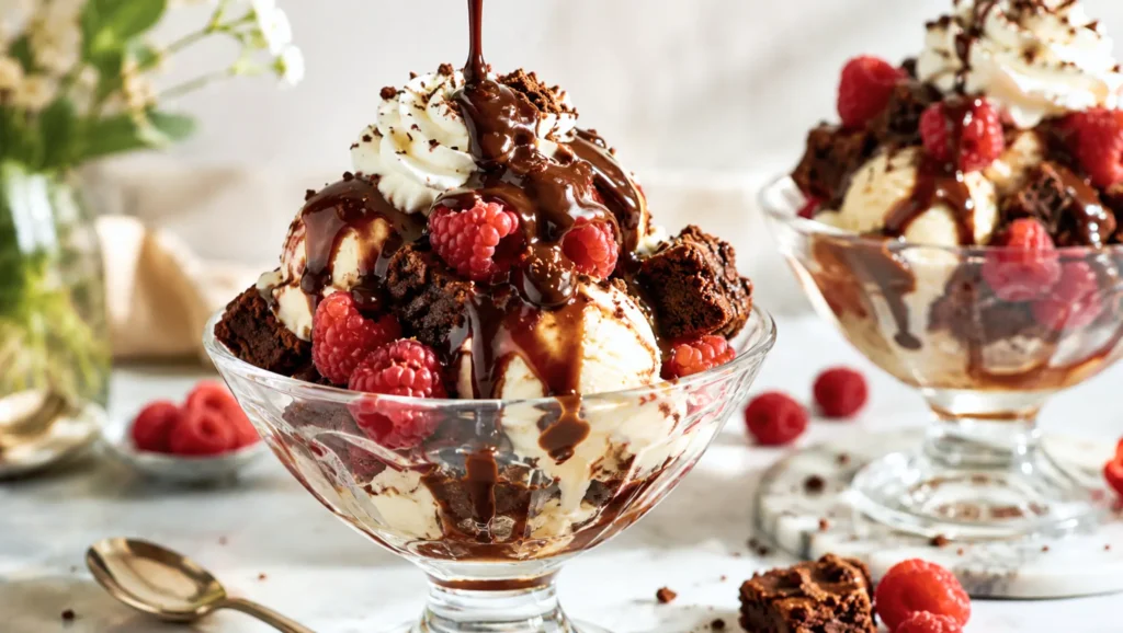 Sundae aux framboises avec glace vanille, morceaux de brownie, crème fouettée et sauce au chocolat chaud.