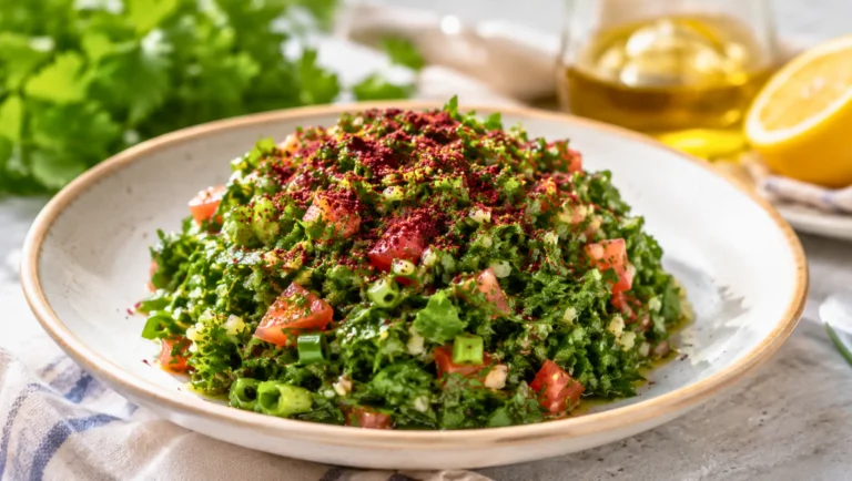Taboulé libanais aux herbes, tomates, boulgour et sumac, dressé en dôme.