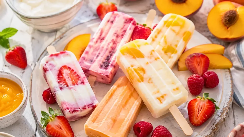 Esquimaux maison aux fruits et au yaourt, servis avec fraises, framboises et pêches.