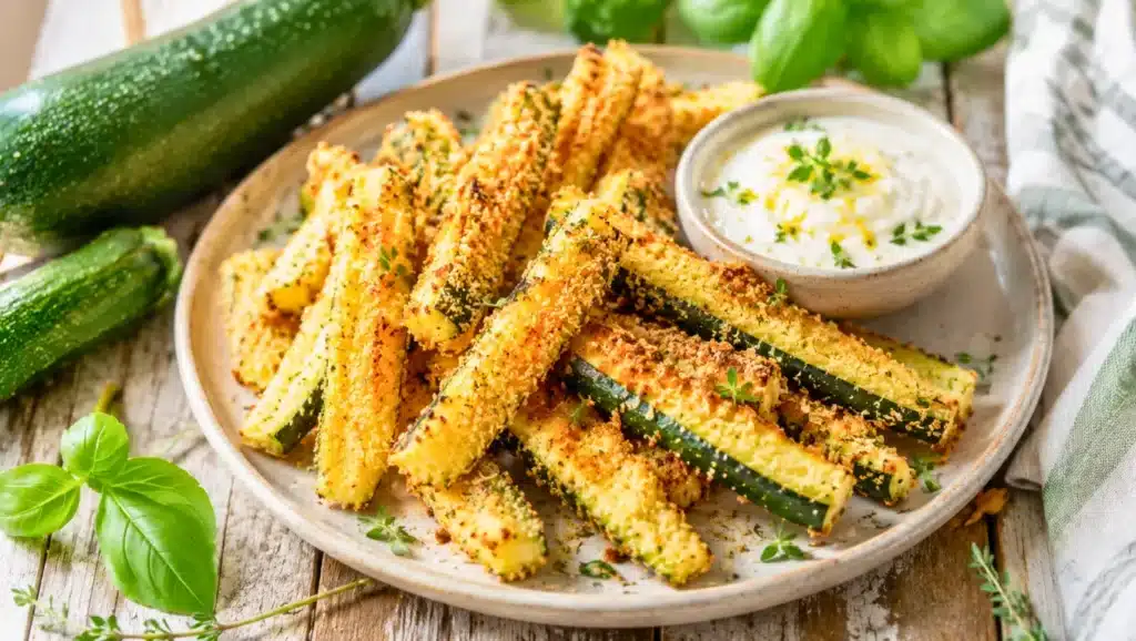 Frites de courgettes au four panées au parmesan, servies avec une sauce crémeuse.