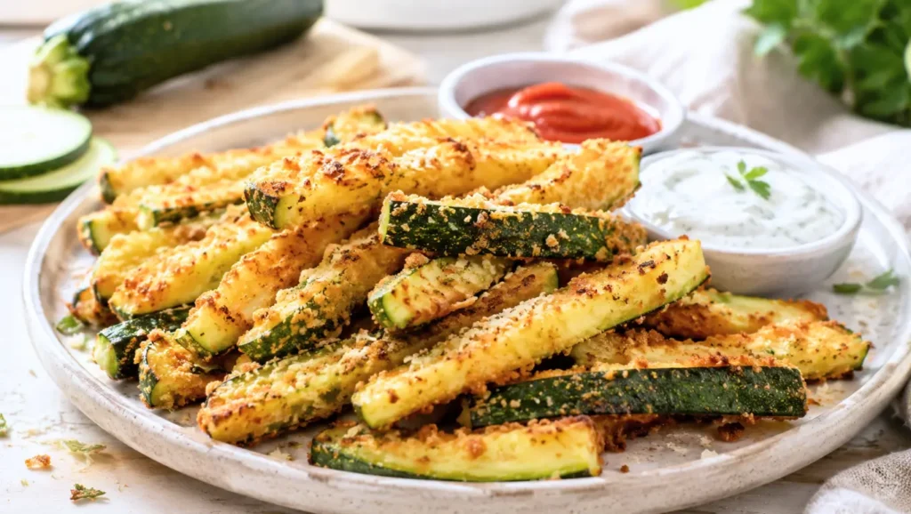Frites de courgettes au parmesan, dorées au four, servies avec deux sauces à tremper.