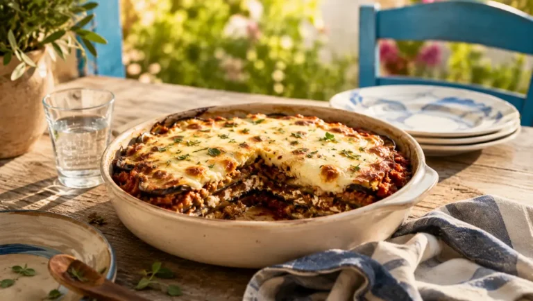 Lasagnes d’aubergines à la grecque, gratinées au fromage, servies en terrasse.