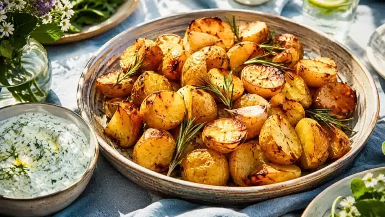 Pommes de terre rôties au romarin et à l’ail avec sauce yaourt citronnée.