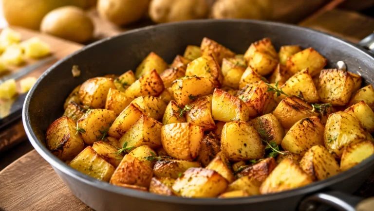 Pommes de terre sautées dorées et croustillantes dans une poêle.
