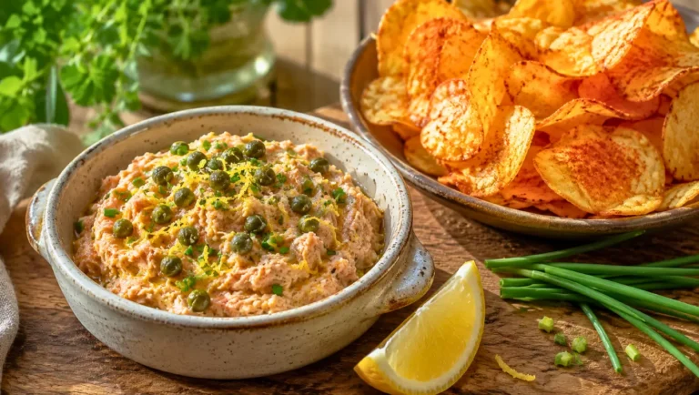 Rillettes de thon rouge aux câpres, citron et ciboulette, servies avec des chips au paprika.