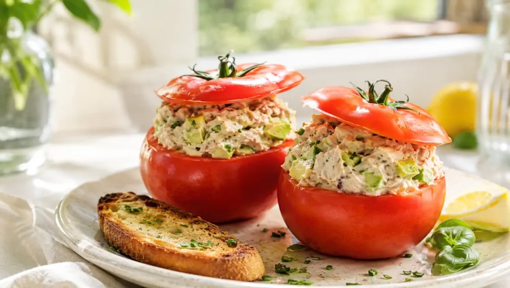 Deux grosses tomates farcies froides au thon, fromage frais et avocat, servies sur une assiette claire avec pain grillé, citron et basilic.