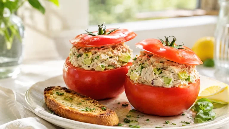 Deux grosses tomates farcies froides au thon, fromage frais et avocat, servies sur une assiette claire avec pain grillé, citron et basilic.