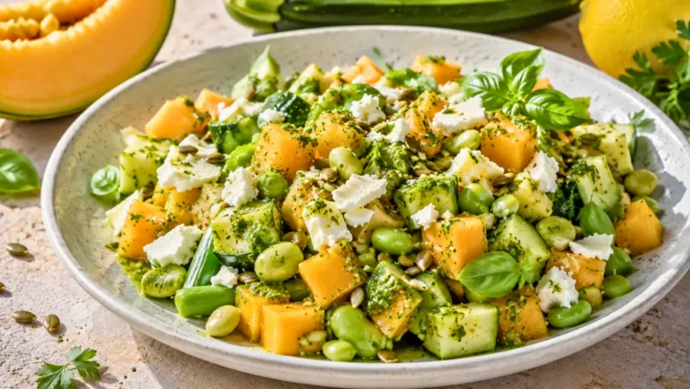Salade fraîche de courgettes crues et melon avec fèves, herbes, graines de courge et fromage, servie sans cuisson dans une assiette estivale.
