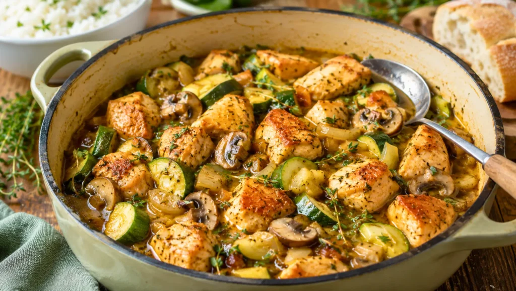 Poulet mijoté aux courgettes et champignons dans une cocotte.