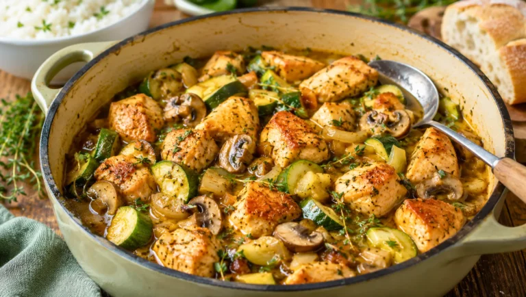 Poulet mijoté aux courgettes et champignons dans une cocotte.