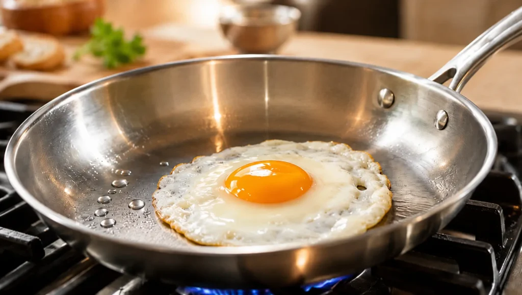 Œuf au plat cuit dans une poêle en inox avec quelques gouttes d’eau.