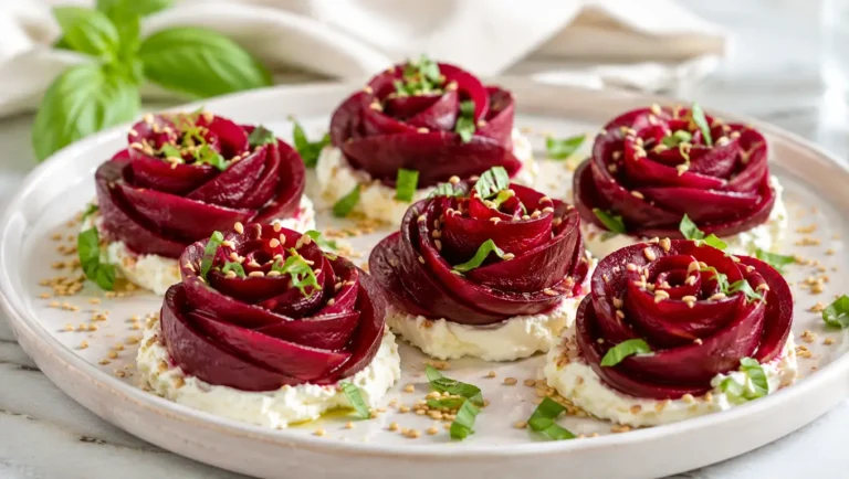 Rosaces de betterave au chèvre frais et tahin, décorées de sésame grillé et de basilic, servies bien fraîches.