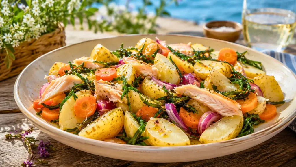 Salade de pommes de terre au haddock fumé avec carottes, oignons rouges et laitue de mer, servie dans un grand plat en extérieur.