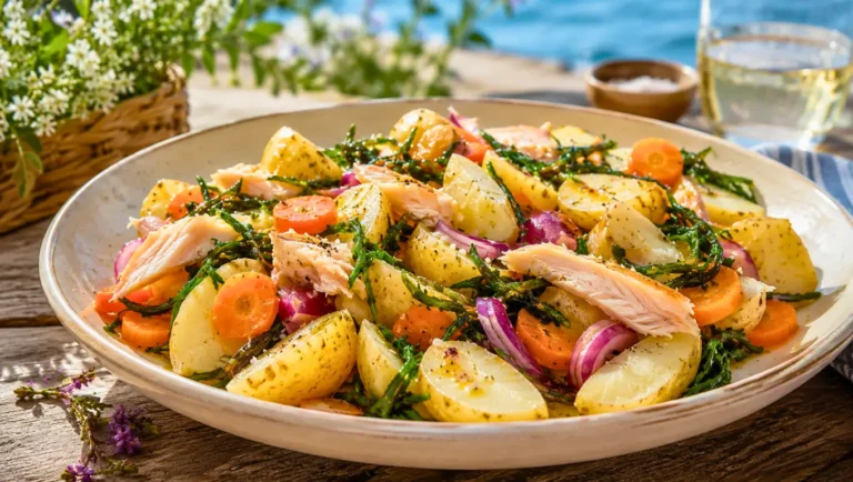 Salade de pommes de terre au haddock fumé avec carottes, oignons rouges et laitue de mer, servie dans un grand plat en extérieur.