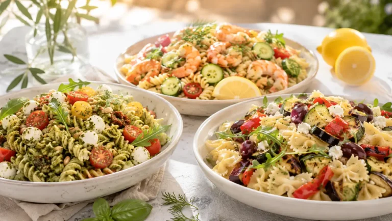 Assortiment de salades de pâtes froides colorées avec légumes d’été, crevettes, mozzarella, pesto, feta et herbes fraîches.