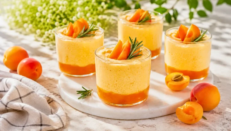 Mousse légère aux abricots en verrines avec coulis, skyr et romarin.