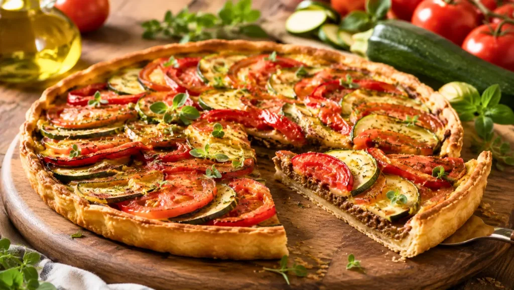 Texte alternatif Tarte aux légumes d’été avec tomates, courgettes, poivrons confits et caviar d’aubergine.