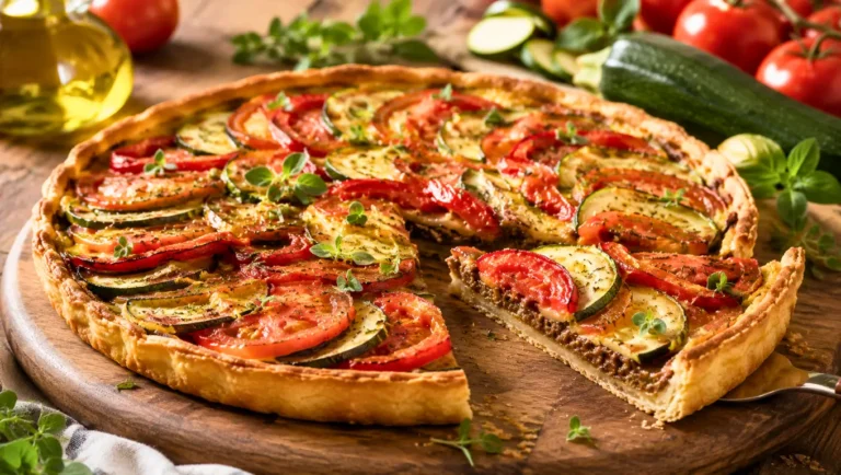 Texte alternatif Tarte aux légumes d’été avec tomates, courgettes, poivrons confits et caviar d’aubergine.