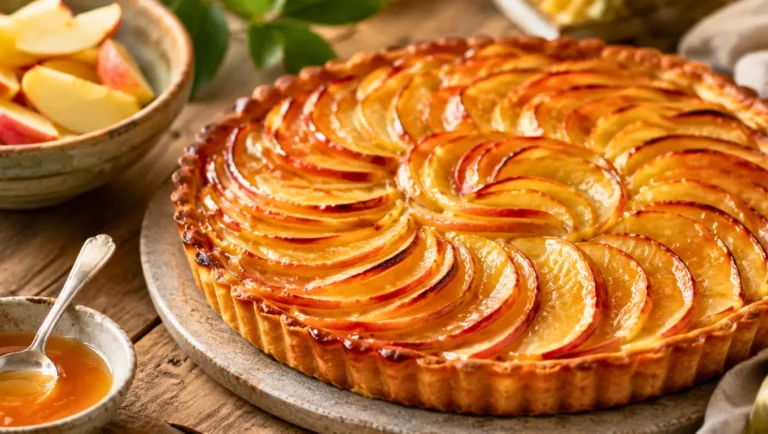 Tarte aux pommes brillante et dorée avec lamelles caramélisées.