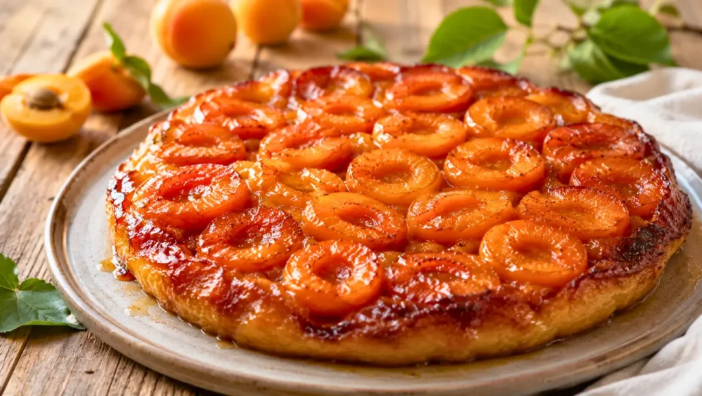 Tarte tatin aux abricots caramélisés, dorée et brillante.