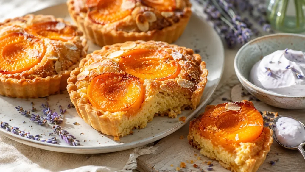 Tartelettes frangipane aux abricots servies avec une crème à la lavande.