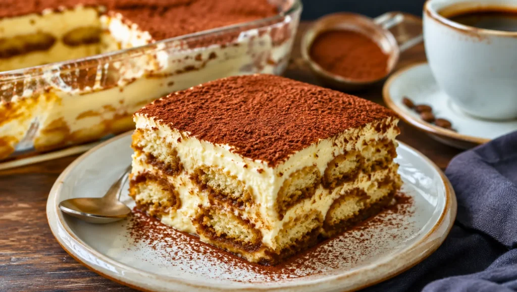 Part de tiramisu maison au café et cacao, servie avec une tasse de café.