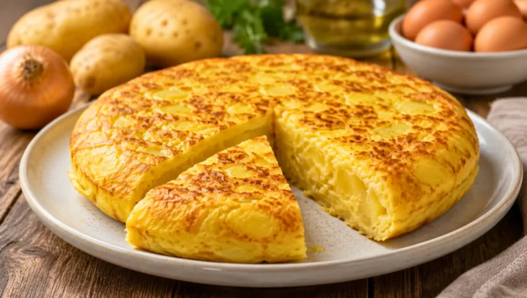 Tortilla espagnole dorée aux pommes de terre, coupée en part.