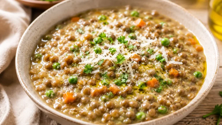 Lentilles façon risotto avec petits pois, carottes, parmesan et persil.