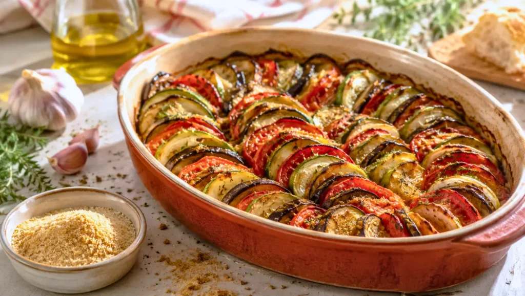 Tian provençal de légumes d’été rangés en fines rondelles, cuit dans un plat en terre cuite, avec chapelure et herbes.