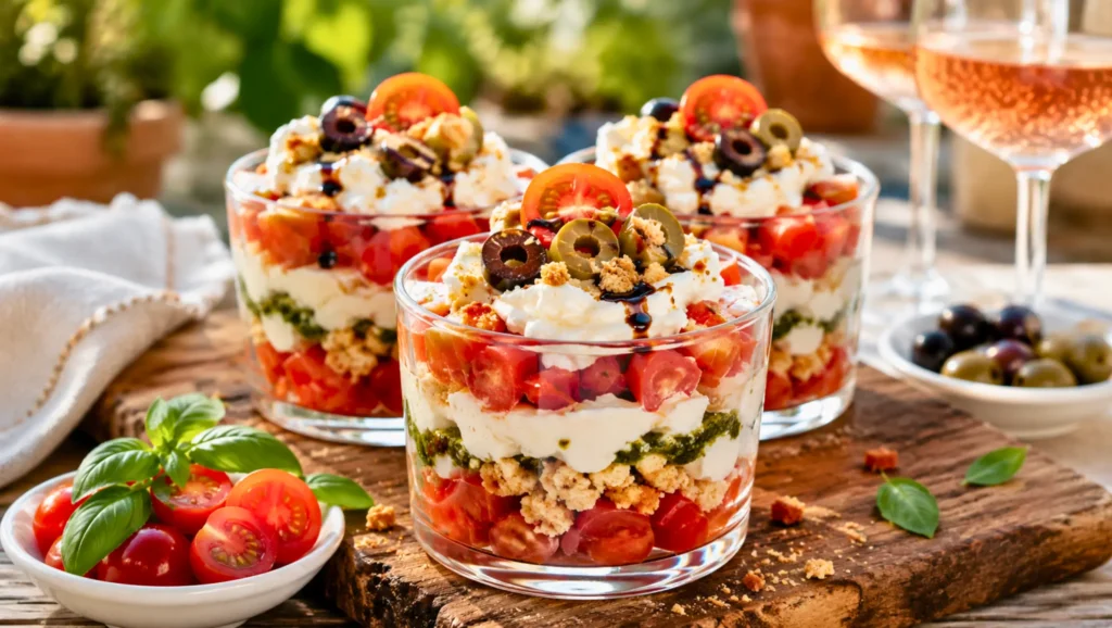 Texte alternatif Verrines de tiramisu salé aux tomates avec crème au mascarpone, pesto, biscuits apéritifs, stracciatella et olives, servies bien fraîches en terrasse.